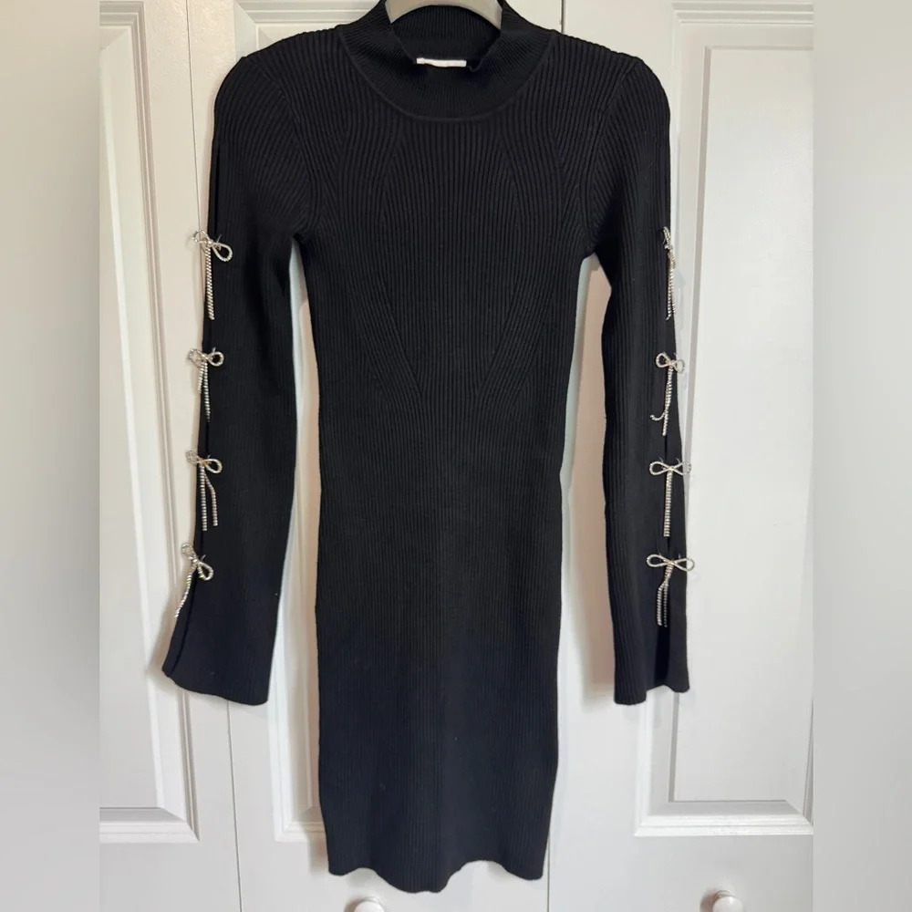 Gianni Bini Black Long Sleeve Dress Mock Neck with Bow Accents Size Small - Picture 7 of 8